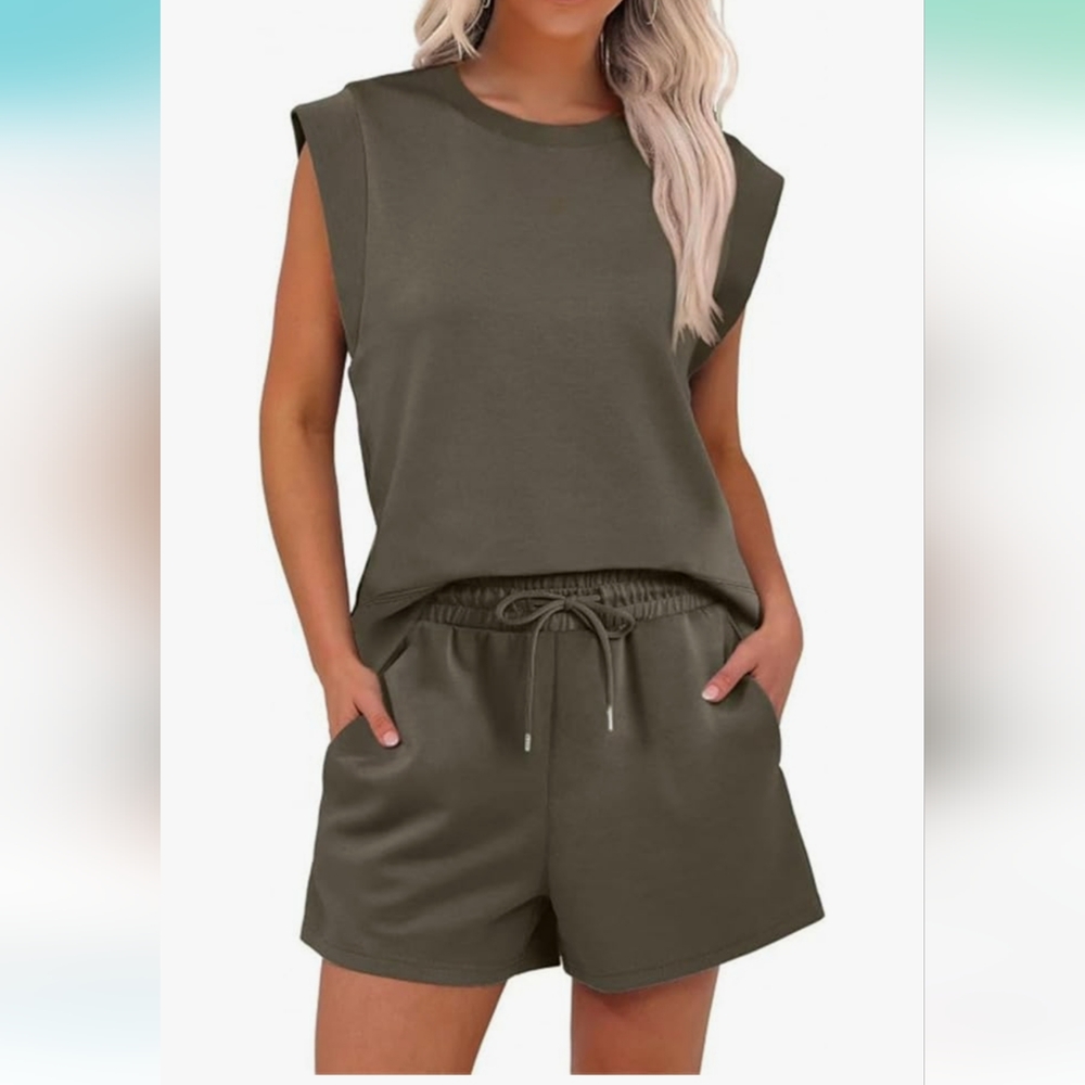 Women's Olive Green Sleeveless Top and Shorts Set